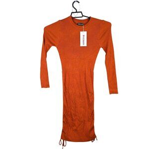 Womens Pretty Guide Rust Orange Ribbed Knit Bodycon Midi Dress Long Sleeve M